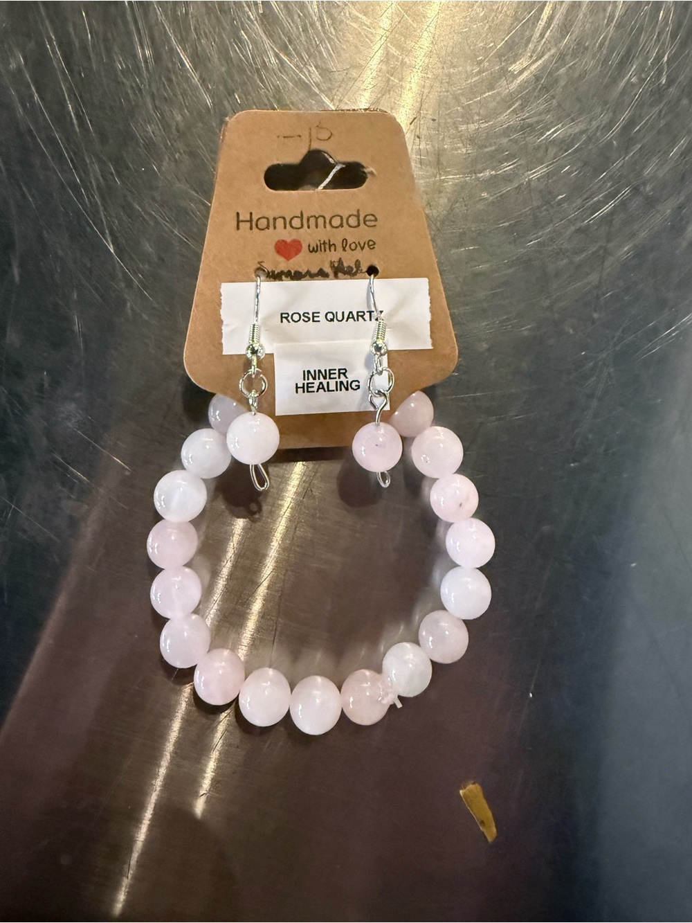 Handmade Rose Quartz Beaded Hoop Earrings - Soft Pink